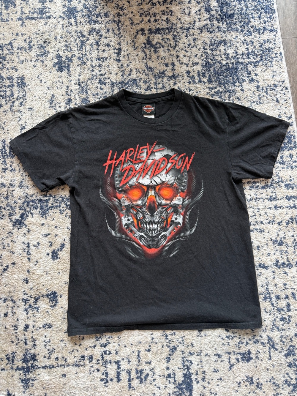 Harley-Davidson Black Tee with Red and Orange Skull Graphic